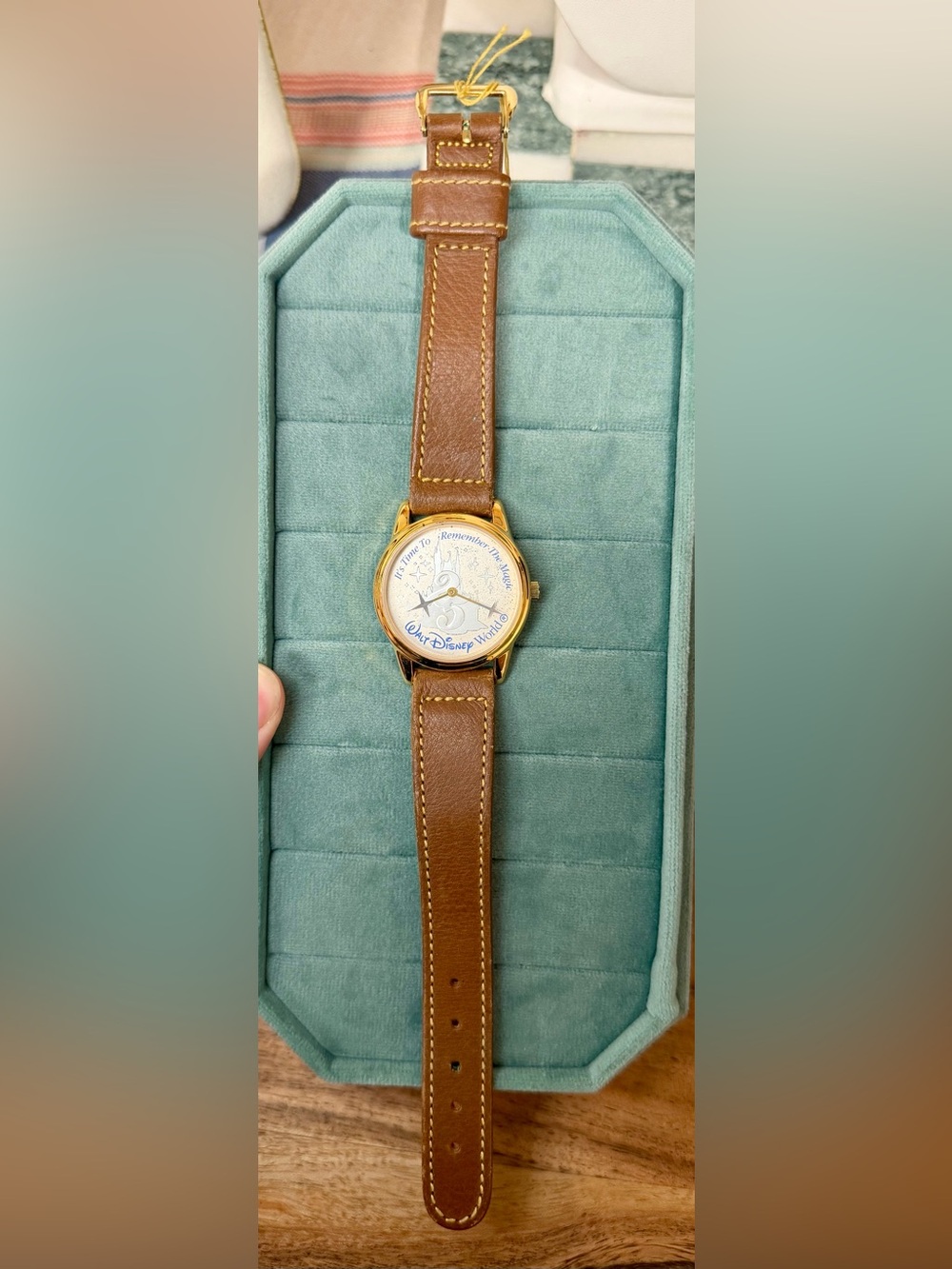 Vintage Disney Brown Leather Strap Watch with Gold-Tone Case- Works!